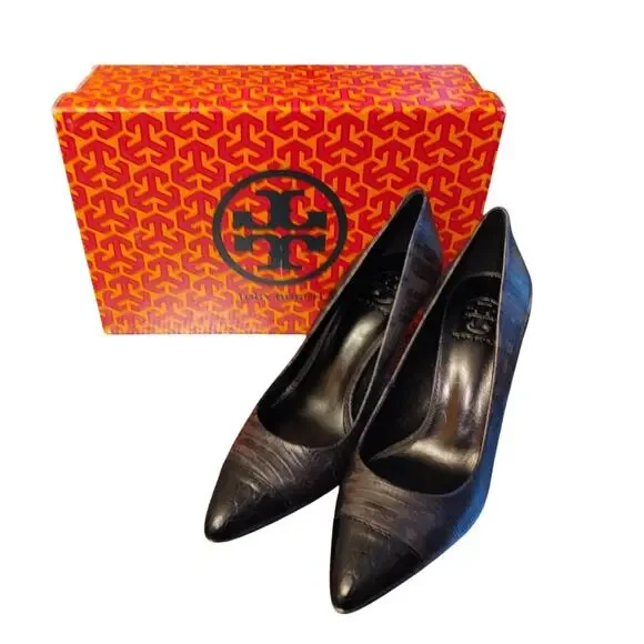 TORY BURCH Lizard Print Leather Cap Toe Gray/Black Pumps Heels‎ NEW 7 1/2