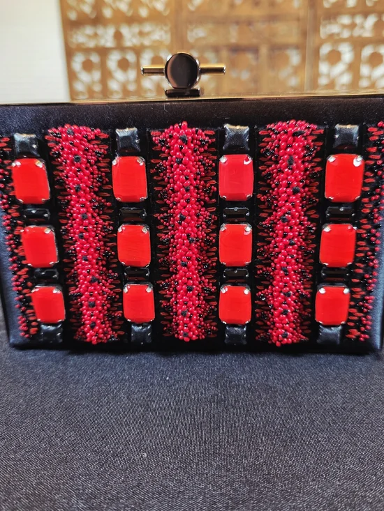 Jason Wu Minaudiere Clutch. Hand Beaded Red Detail with Black Satin.