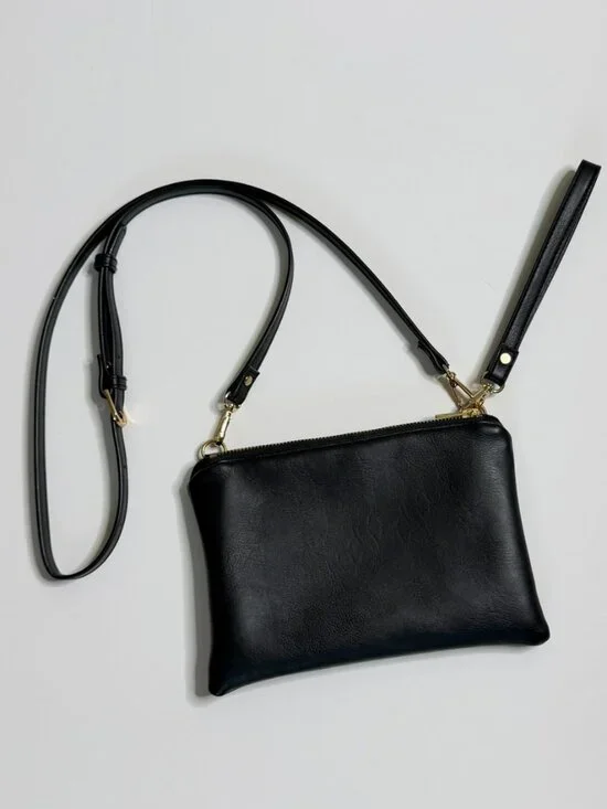 Black Vegan Leather Wristlet – Convertible Crossbody Wallet