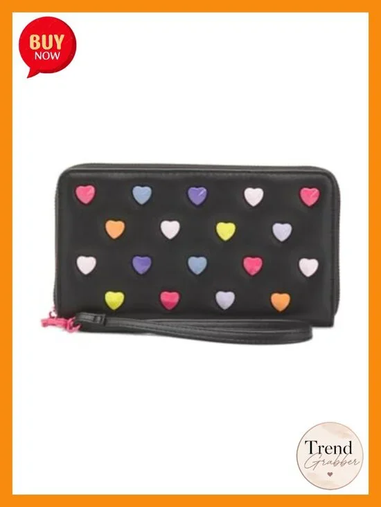 Multi Heart Embossed Wristlet, Zip Closure, Faux Leather