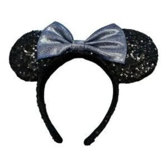 Disney Parks Sequin Minnie Mouse Shimmer Metallic Blue Bow Headband Ears