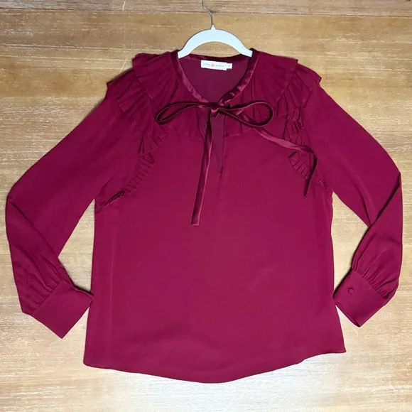 Tory Burch‎ Diana Silk Blouse Ruffled Neck Lined Imperial Garnet Sz 10