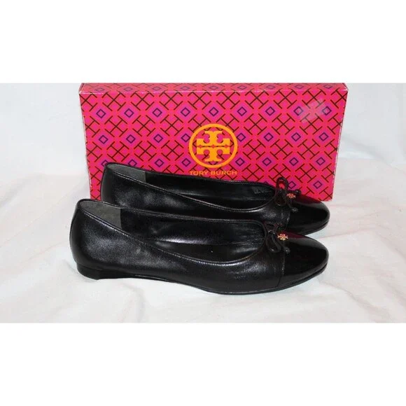 Tory Burch Claire Cap-Toe Goat Leather Ballet Flats Black NEW SZ 9.5 $275