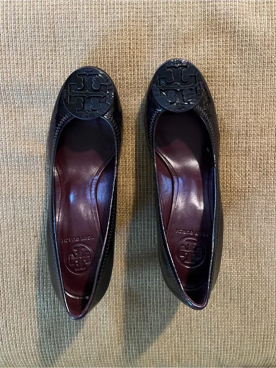 Tory Burch Deep Burgundy Patent Leather Logo Wedges with Deep Burgundy Insole