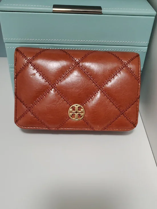Tory Burch Quilted Cognac Leather Wallet with Gold Logo