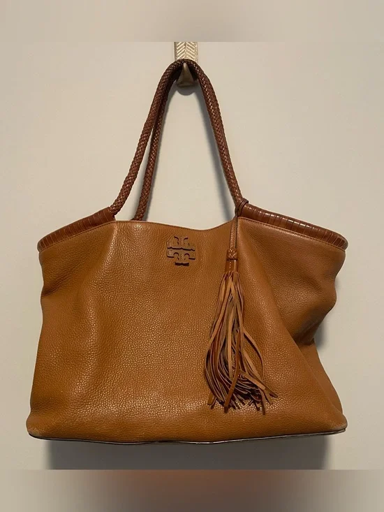 Tory Burch Taylor Tote Brown Pebbled Leather Braided Shoulder Bag Tassel Boho