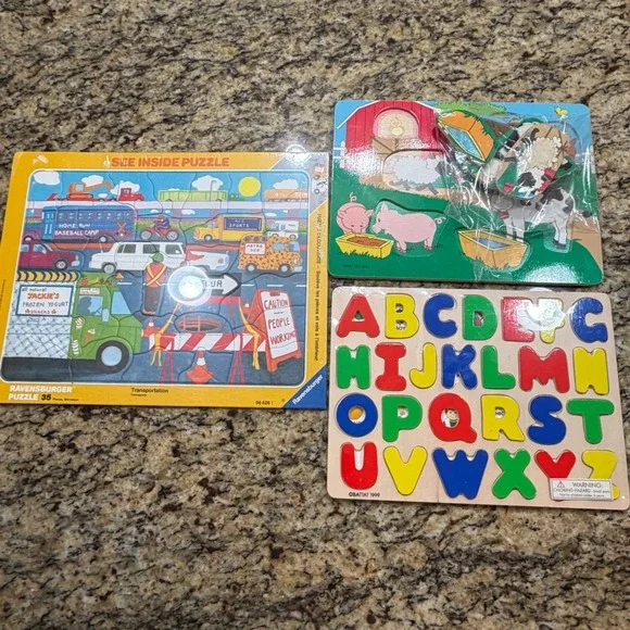 Vintage Puzzle Lot Ravensburger Battat Wooden Alphabet Farm Animals Bundle