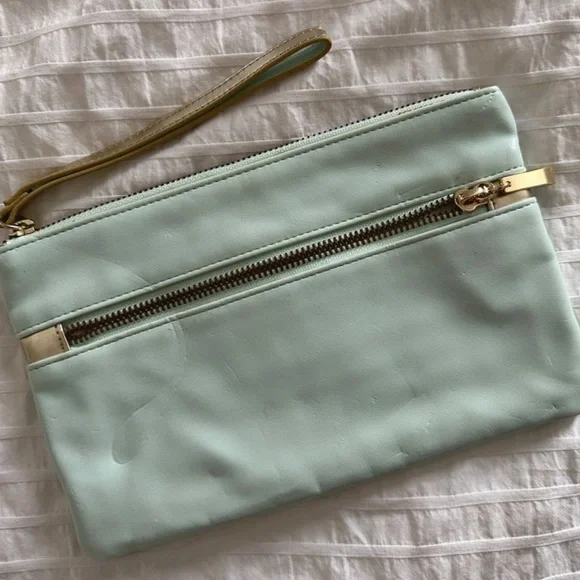 FINAL PRICE! White House Black Market Clutch Purse Wristlet Seafoam Green Gold