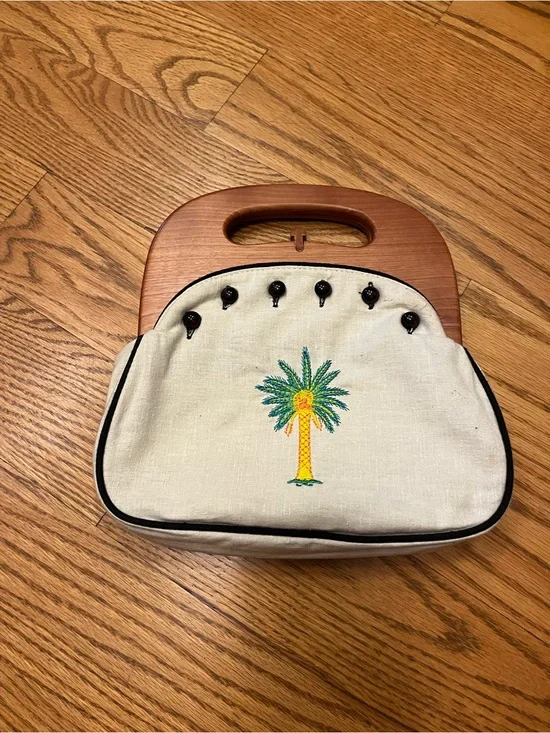 Bermuda Embroidered Palm Tree Canvas Handbag with Wood Handle