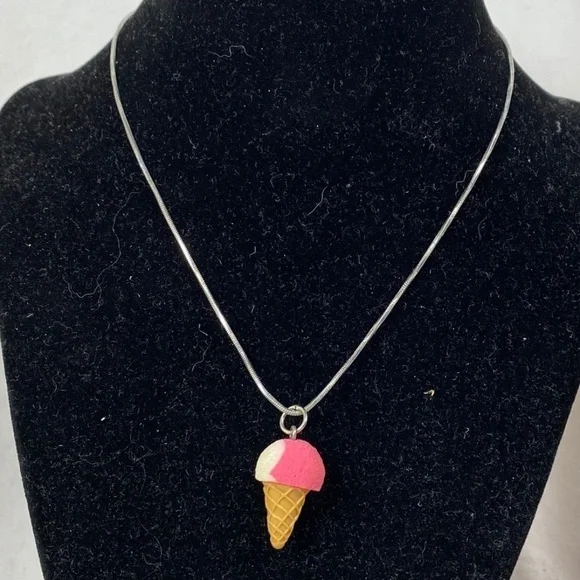 Cute Ice Cream Cone Necklace on Silver Chain