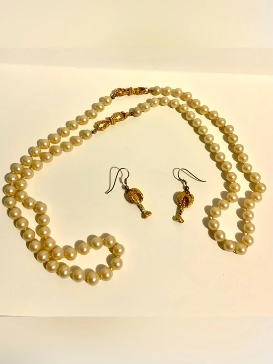 Classic Pearl Strand Necklace with Gold-Tone Clasp and Gold Drop Earrings