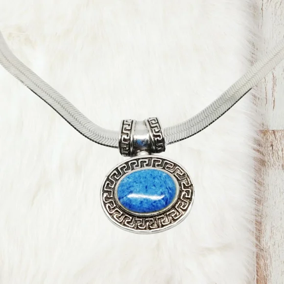 Sterling Silver Flat Herringbone Necklace with 925 Blue Agate Pendant