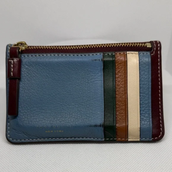 TORY Burch Perry Color Block Top-Zip Card Case Pebbled Leather