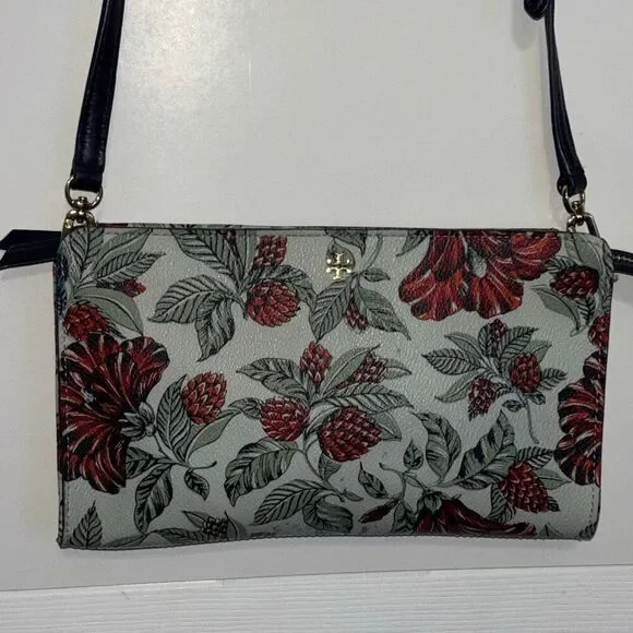 Tory Burch Kerrington navy green red Evergreen floral crossbody purse bag