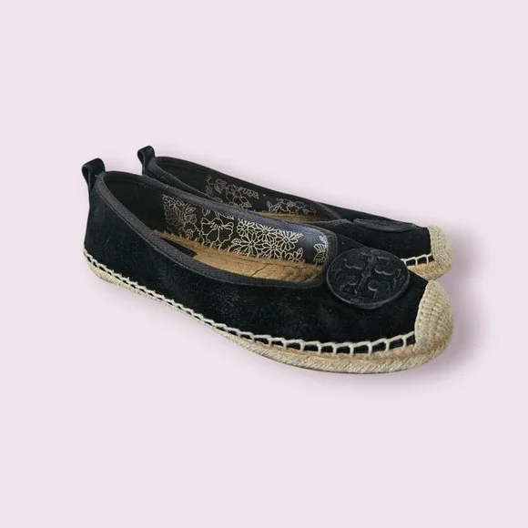 TORY‎ BURCH BLACK SUEDE BOHEMIAN CHIC FLAT CAP TOE ESPADRILLE FLATS SZ 7.5