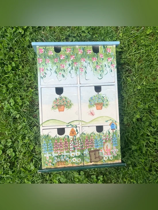 Vintage Hand Painted Wooden 6 Drawer Chest Jewelry BoxCottage Floral Scene Decor