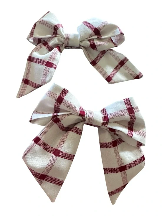White and Burgundy Plaid Fabric Hair Bows - Set of 2