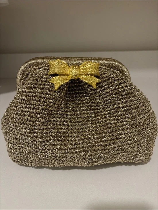 NWT Monkees of Winter Park Metallic Gold Bow Accent Clutch