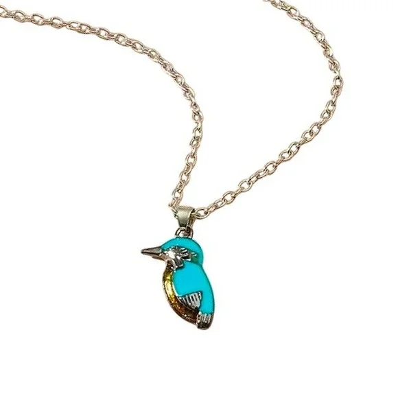 Kingfisher Bird Pendant Necklace Turquoise Blue Brown  Silver‎ Tone Chain