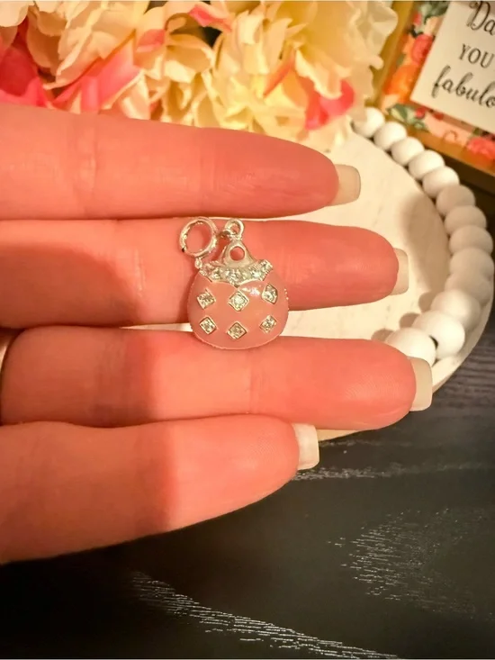 Vintage 925 Sterling Silver Pink Enamel Purse Charm Pendant CZ