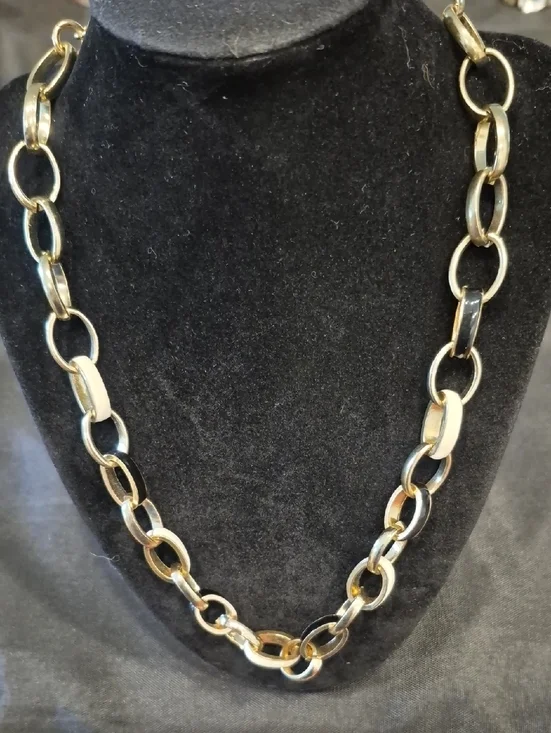 Gold Chain Necklace With Black And Cream Enamel Links