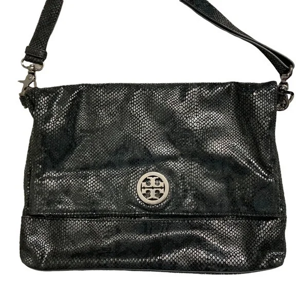 Tory Burch black embossed leather fold over crossbody bag