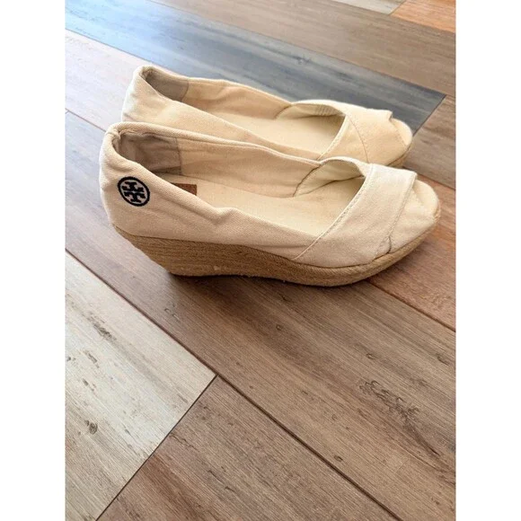 Tory Burch Canvas Jute Peep Toe Wedge Espadrilles Cream Size 8.5 M  Classic