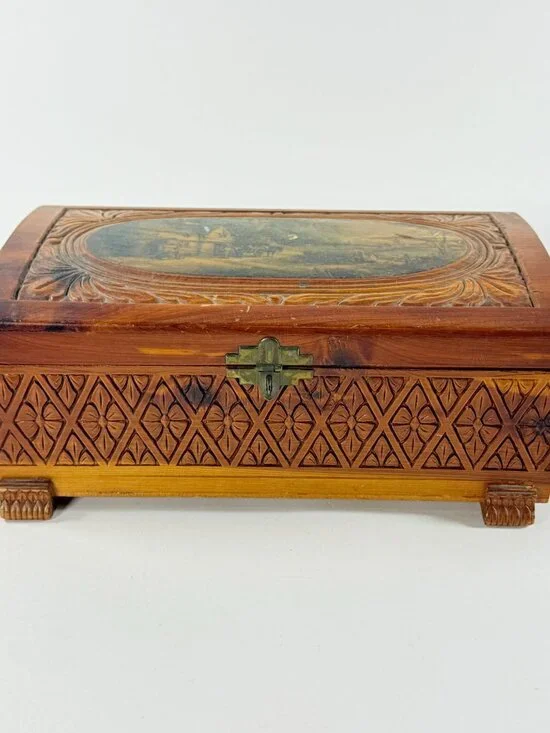 Vintage Cedar Wood Jewelry Box With Carved Floral Design & Landscape Scene Lid