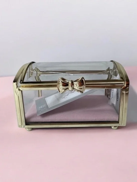 Gold trim and Glass Jewelry Box vintage style pink cushion