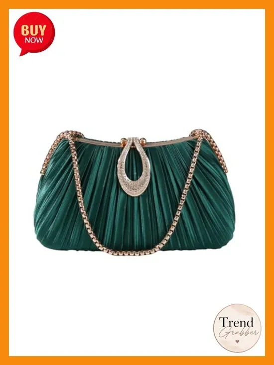 Elegant Evening Bag with Crystal Lock & Dual Chains - Soft Clutch for Women