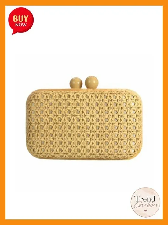 Handwoven Straw Clutch Purse Evening Bag with Detachable Strap