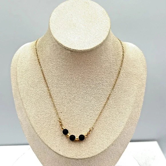 Vintage Retro Gold Tone‎ Chain Necklace with Black Matte Beads & Gold Accents