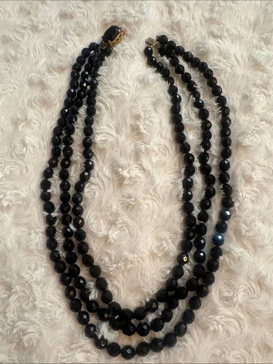 Vintage -Three-Strand Black Faceted Bead Necklace - Women Jewelry