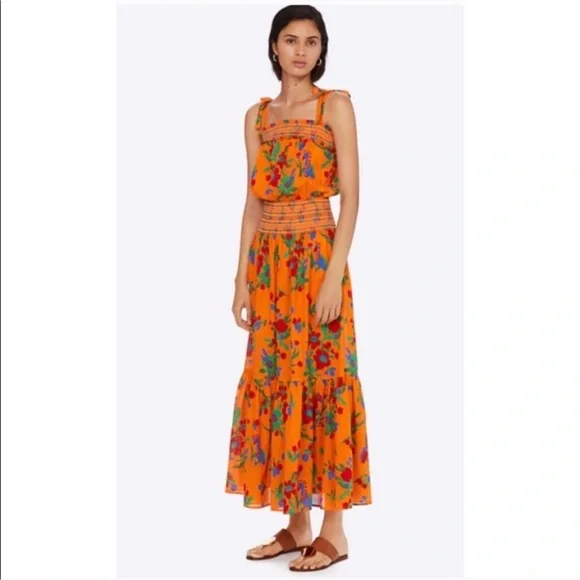 Orange Floral Smocked Maxi Dress