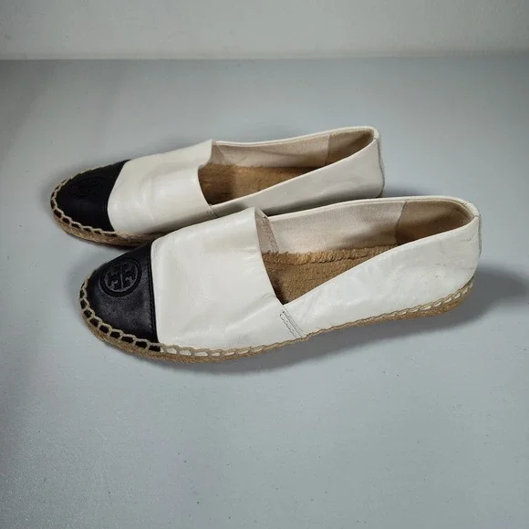 Tory Burch Leather Espadrille Flats Cream Black Logo Cap Toe Slip On Shoes Sz 7