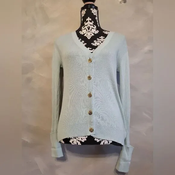 Tory Burch Simone Ribbed Button Down Cardigan Blue Gold Cotton Sz S