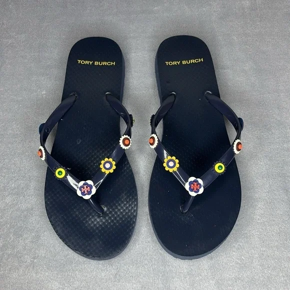 Tory Burch Marguerite Floral Charm Flip Flops Navy Size 6-7
