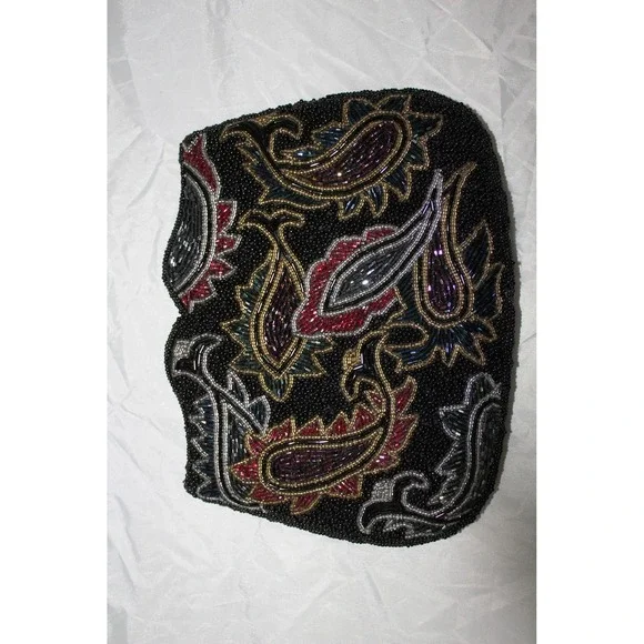 VTG Carolyne Barton Beaded Paisley Clutch Evening‎ Bag Black Red Gold