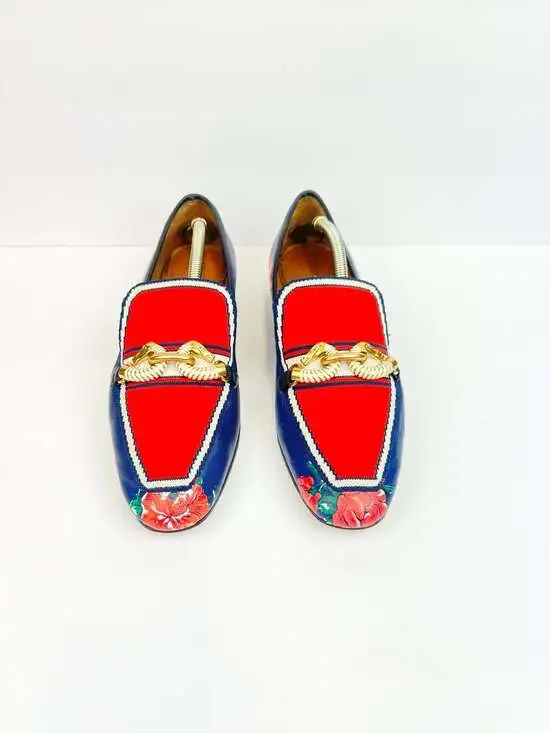 Tory Burch Jessa Floral Print Leather and Fabric Horsebit Loafers 8.5M Shoes