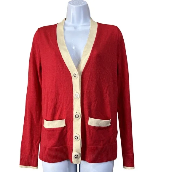 Tory Burch Cardigan Womens S Red Simone‎ Wool Contrast Trim V-Neck Logo Button