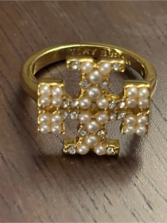 Tory Burch Gold plated Pearl and Crystal Logo Ring size 7