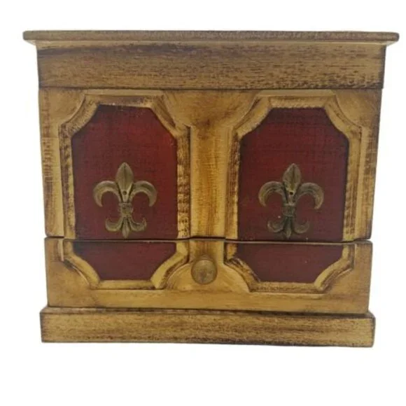 VTG Toyo Japan Wooden Jewelry Music Box Fleur de Lis 3 Drawer areas 7 X 7.5