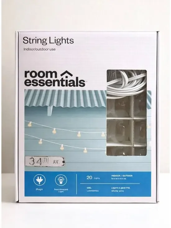 Room Essentials String Lights – Indoor/Outdoor – 20 Lights (White Wire) – New
