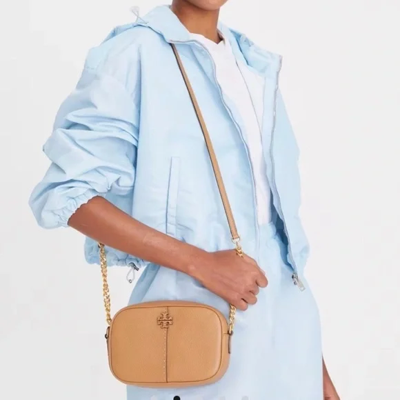 Tory Burch McGraw Camera Bag With Chain Strap And Dustbag Tan-Tiramisu Color​​
