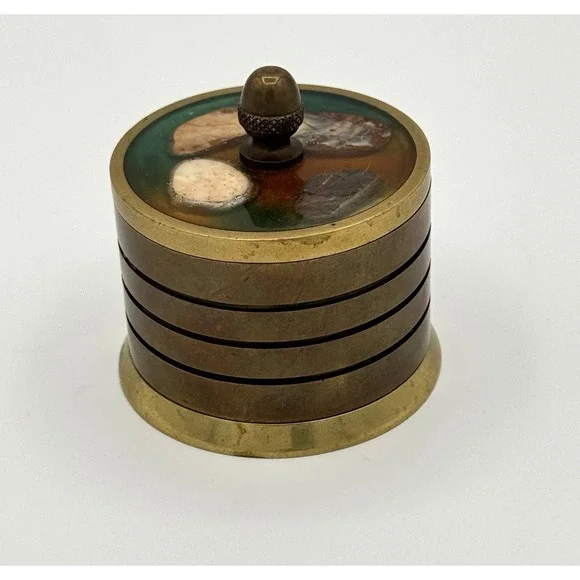 Vintage Brass Trinket Box with Stone Inlaid Lid Stepped Banded Design Acorn