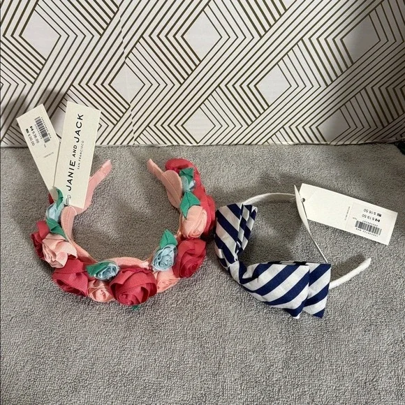 Janie and‎ Jack headbands NWT set of 2 one with pink flowers and one Blue Stripe