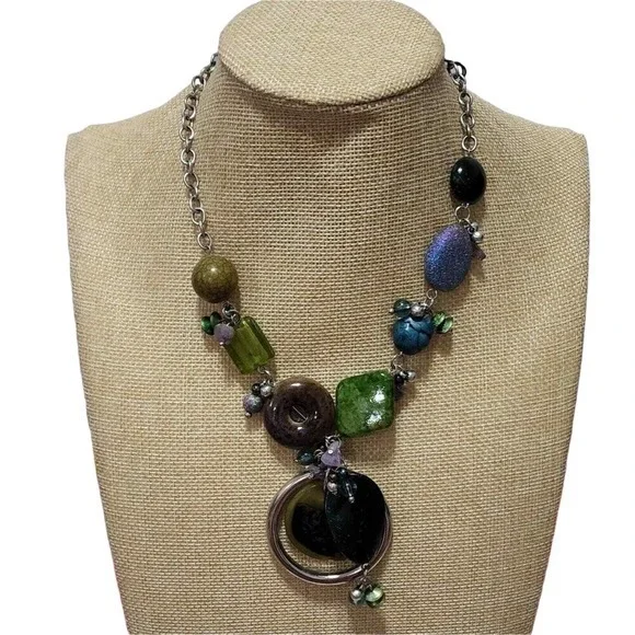 Treska Boho Chunky Mixed Bead Statement Necklace Green‎ Blue Purple Silver NWT