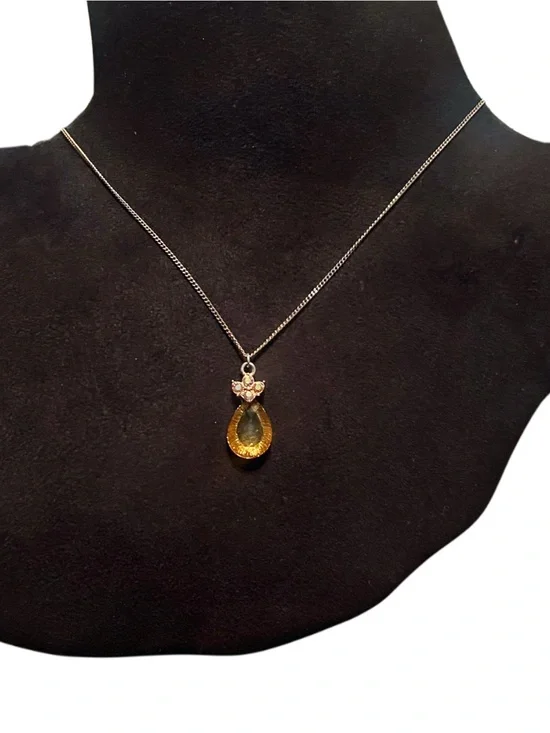 1928 Gold Amber & Rhinestone Teardrop Pendant