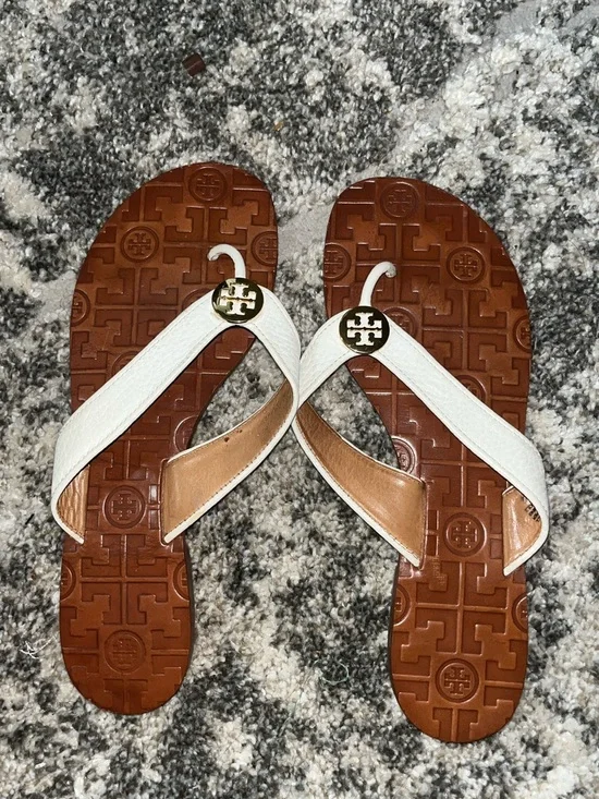 Tory Burch White Leather Flip Flop Sandals with Brown Footbed a little worn
