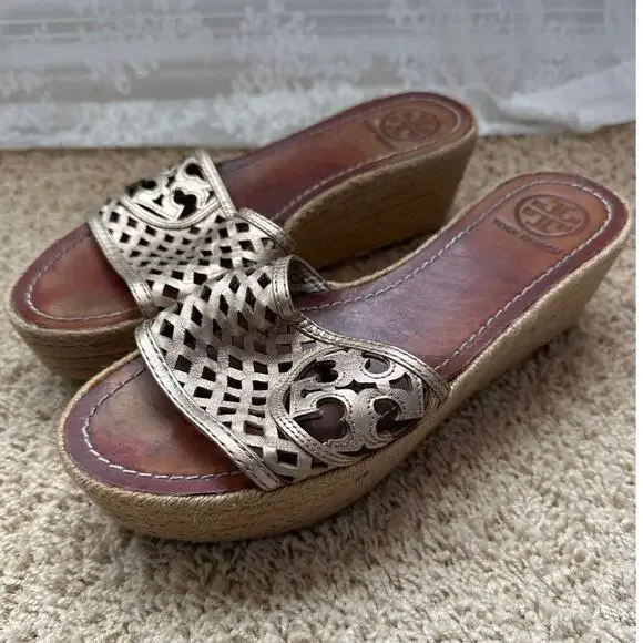 Tory Burch Metallic Gold Leather Espadrille‎ Wedge Sandals Size 8.5